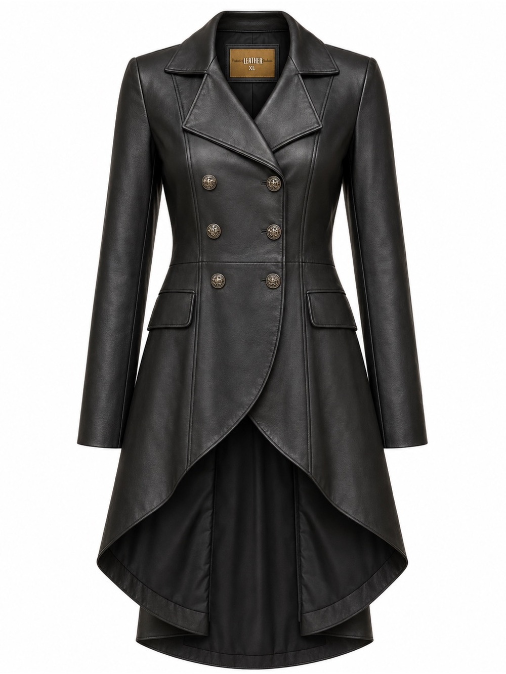Women's Black Double-Breasted Leather Tailcoat Jacket (London)